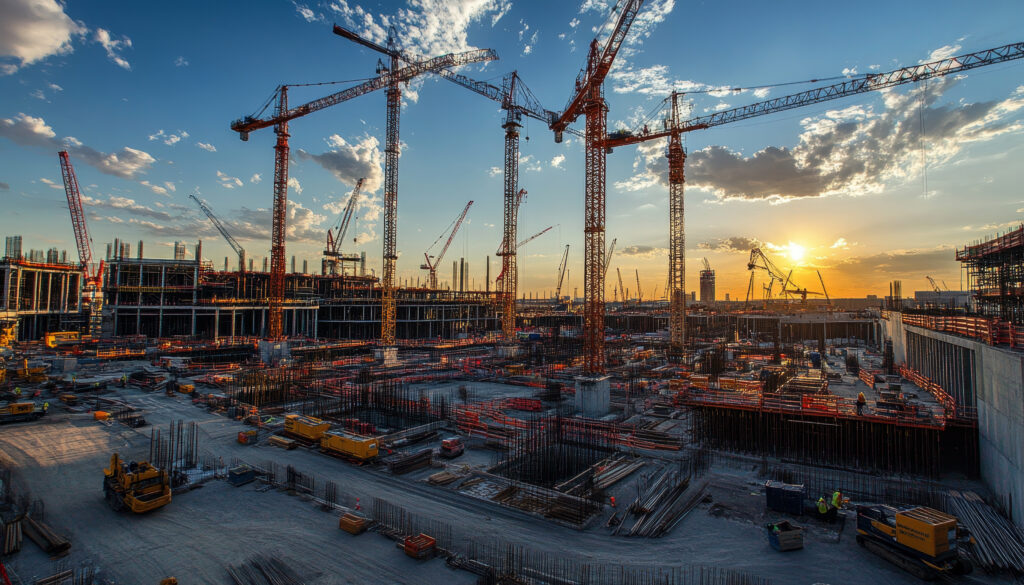 Großbaustelle bei Sonnenuntergang mit zahlreichen Baukränen, Stahlgerüsten und Bauarbeitern. Mehrere Gebäude im Rohbau und Baustellenfahrzeuge sind sichtbar.